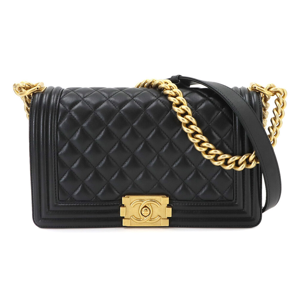 Chanel Boy Chain Shoulder Handbag, Lambskin, Black, A67086, Gold Hardware, BO...